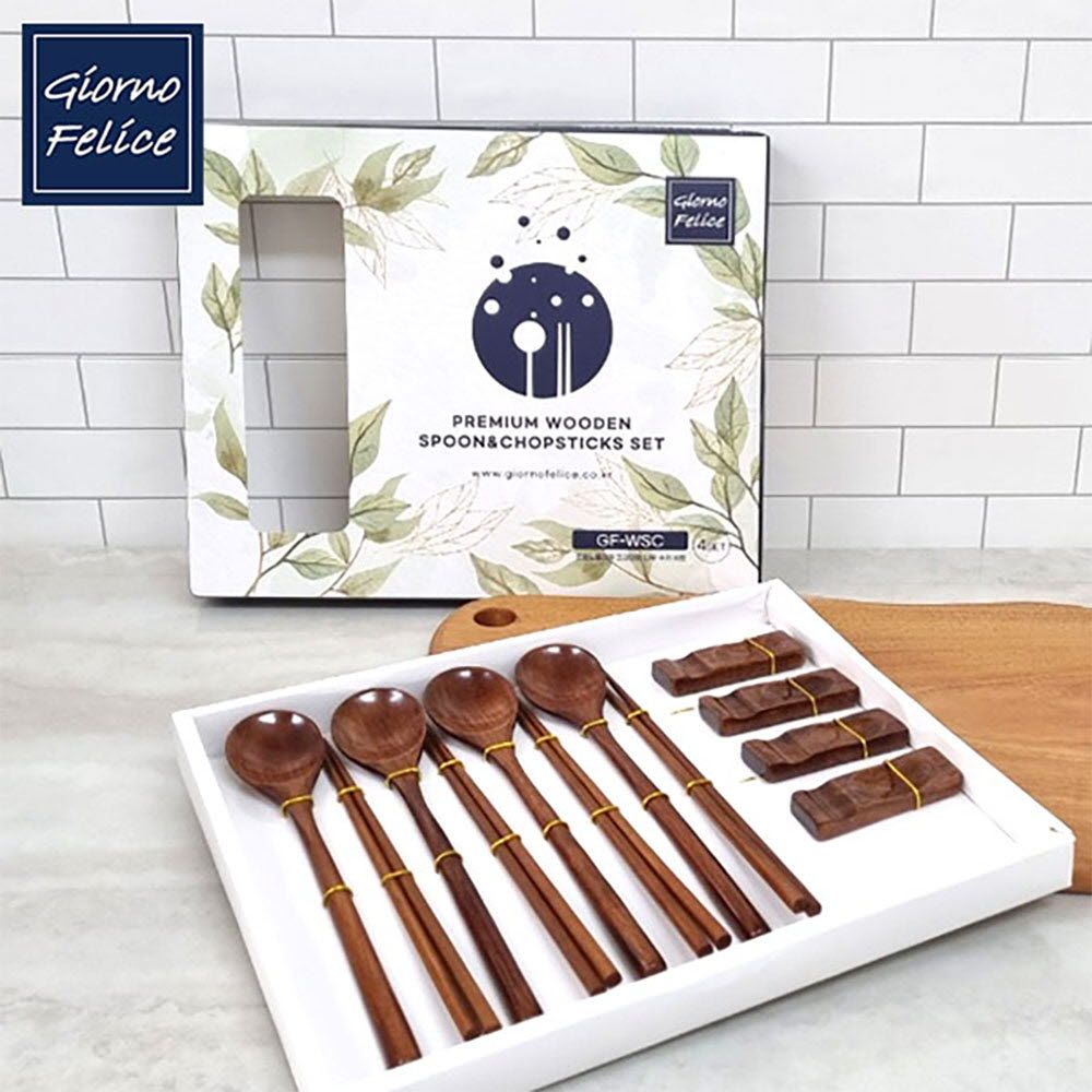GIORNO FELICE Premium Lacquer Wooden Spoon & Chopsticks 4-Person Set (12P) Traditional Handcrafted Non-Toxic Utensils with Matching Chopstick Rests